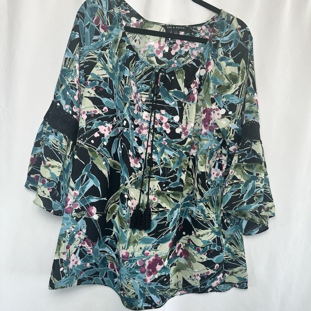 Zac & Rachel Sheer Floral Print Flared Sleeve Blouse Women's Size L Lightweight